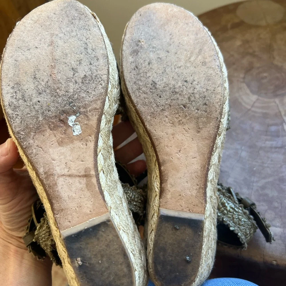 Stuart Weitzman Tan Olive Green Espadrille Wedges